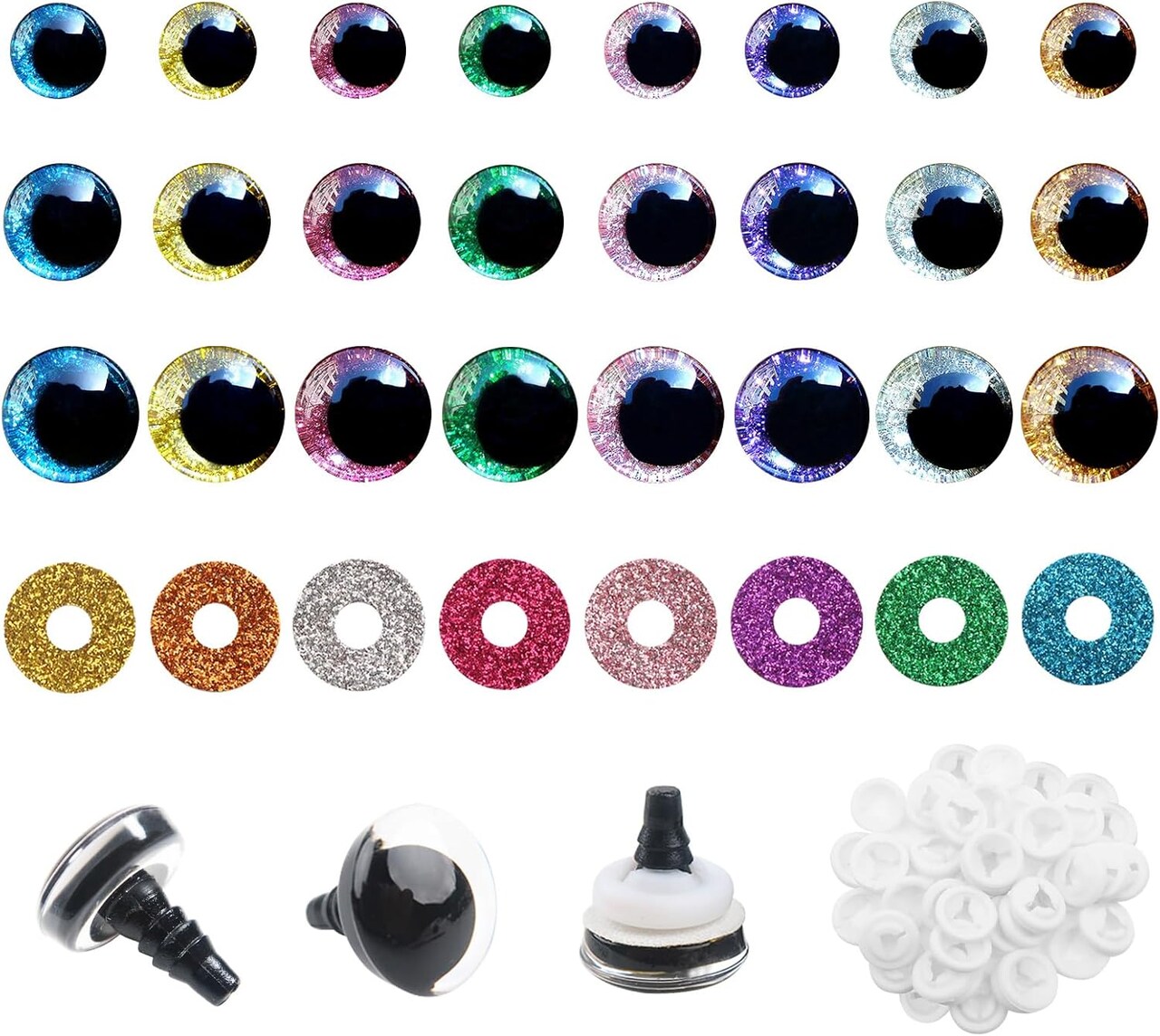 48pcs Glitter Safety Eyes for Amigurumi – 16mm, 18mm, 25mm with Washers, 8 Colors